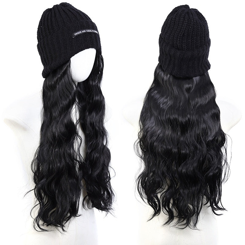 Hat Letter Knitted Hat Long One-piece Chemical Fiber Synthetic Highlight Wig