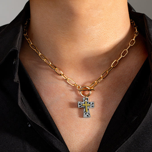 Two-tone Cross Pendant With A Paperclip-style Chain Necklace