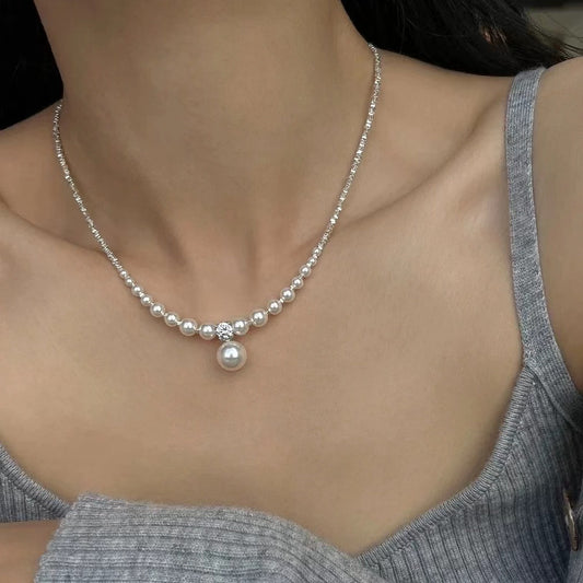 Sparkling Diamond Broken Silver Pearl Necklace For Women