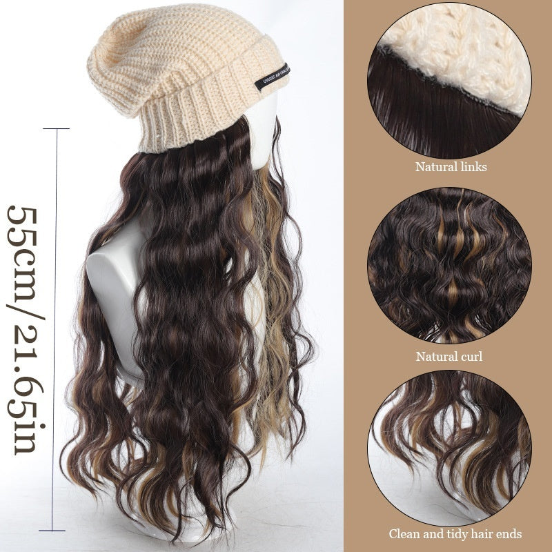 Hat Letter Knitted Hat Long One-piece Chemical Fiber Synthetic Highlight Wig