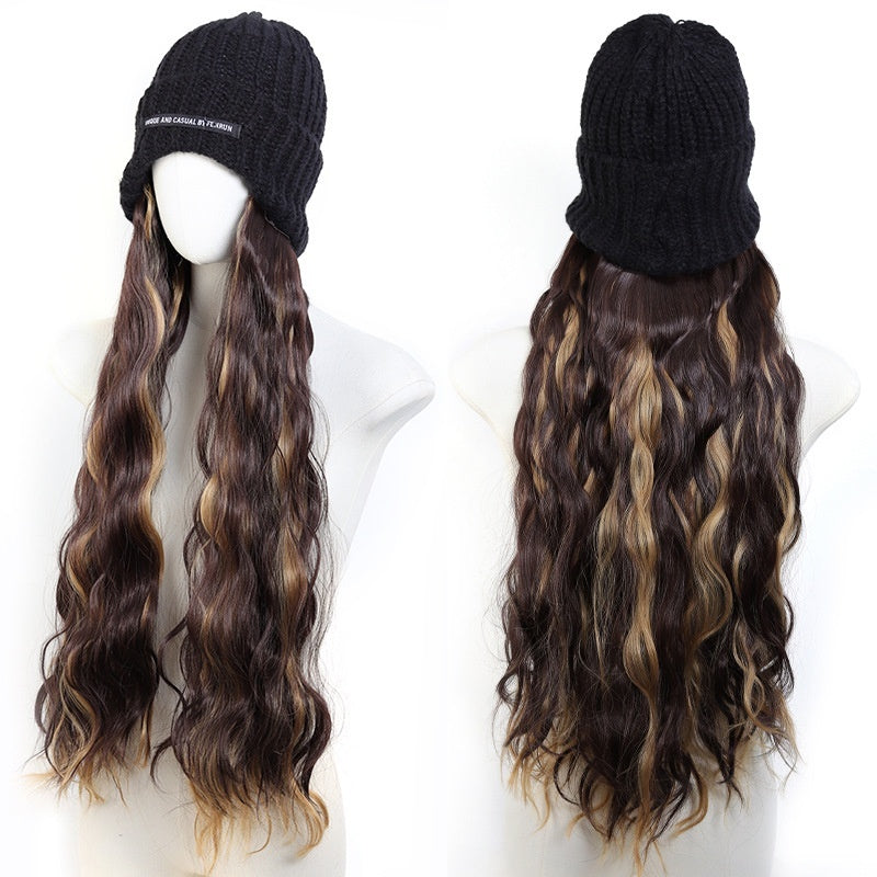 Hat Letter Knitted Hat Long One-piece Chemical Fiber Synthetic Highlight Wig