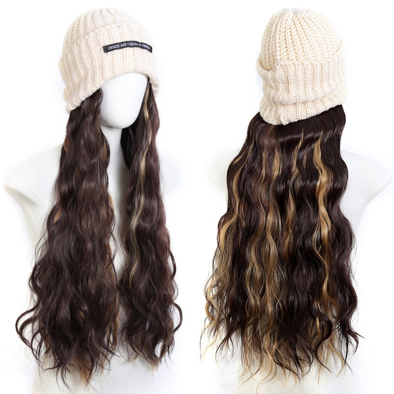 Hat Letter Knitted Hat Long One-piece Chemical Fiber Synthetic Highlight Wig