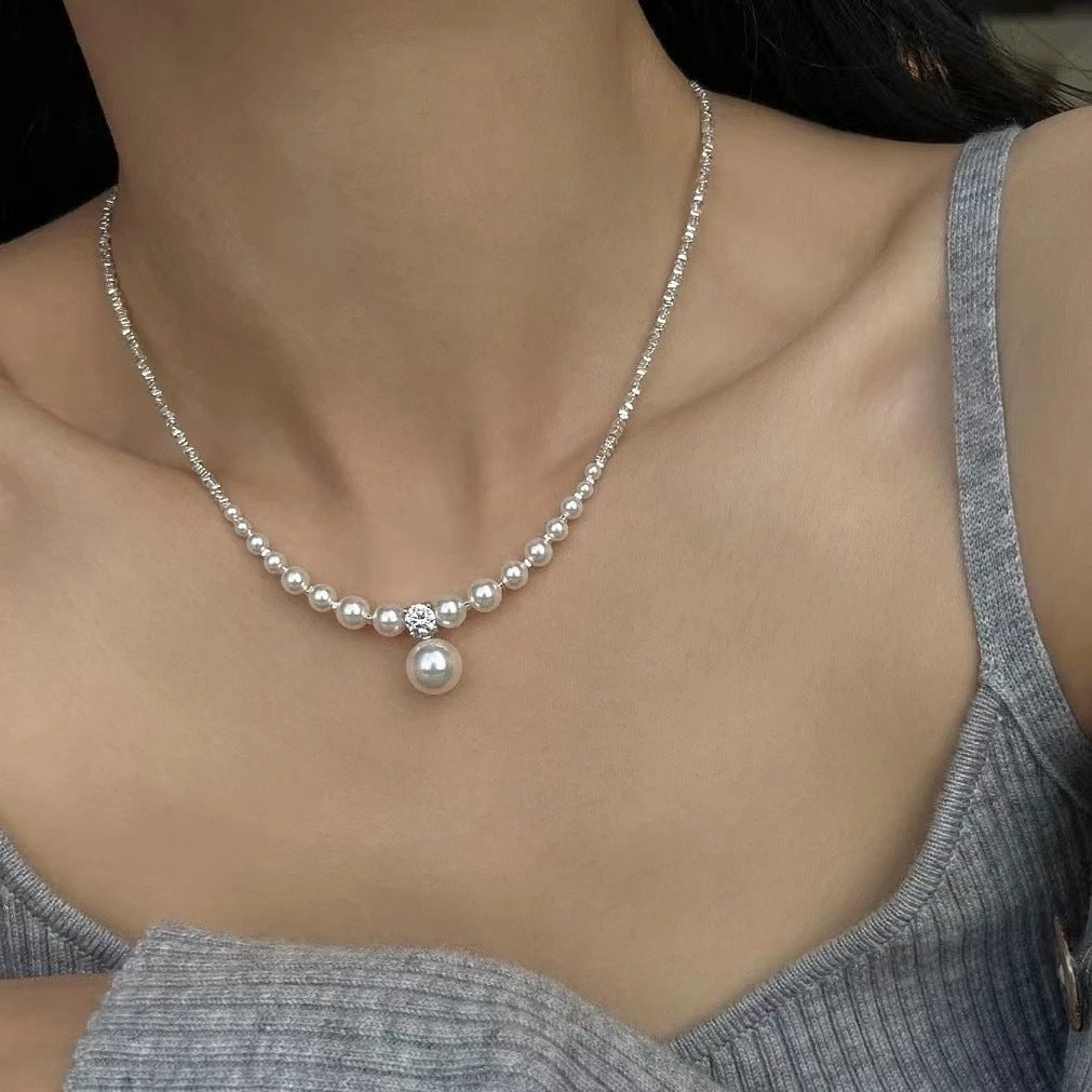 Sparkling Diamond Broken Silver Pearl Necklace For Women