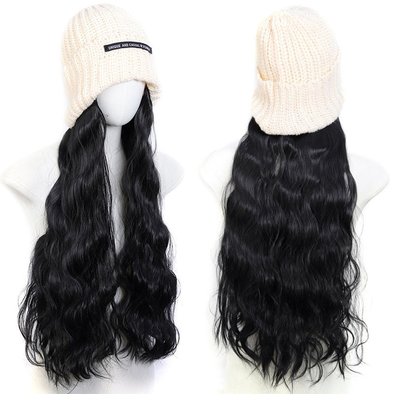 Hat Letter Knitted Hat Long One-piece Chemical Fiber Synthetic Highlight Wig