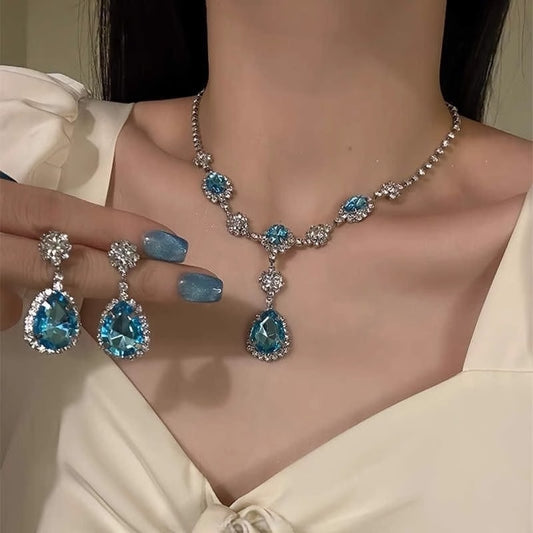 Blue Waterdrop Necklace And Earrings Trendy  Light Luxury Premium