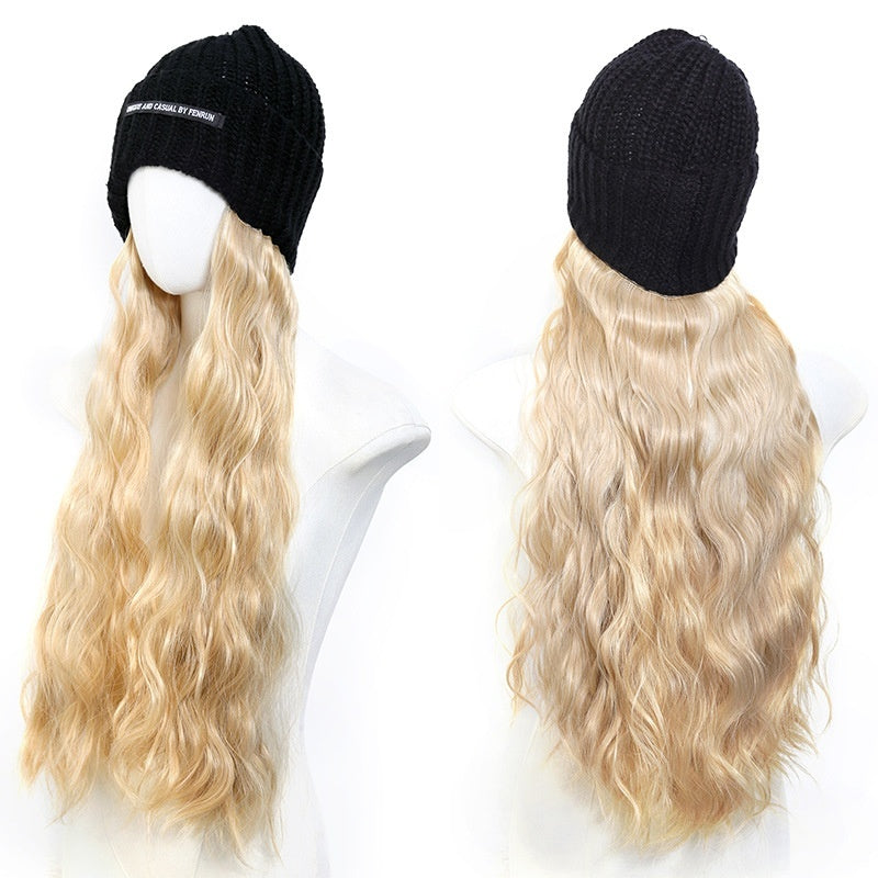 Hat Letter Knitted Hat Long One-piece Chemical Fiber Synthetic Highlight Wig