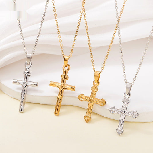 High-End Stainless Steel Cross Pendant Necklace With Real Gold Plating