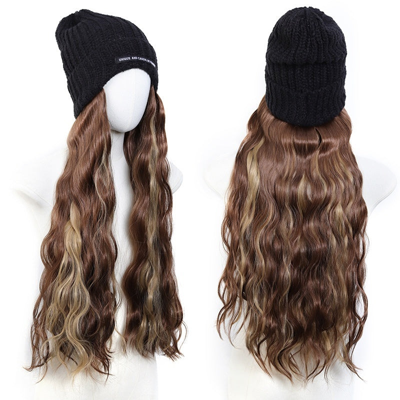 Hat Letter Knitted Hat Long One-piece Chemical Fiber Synthetic Highlight Wig