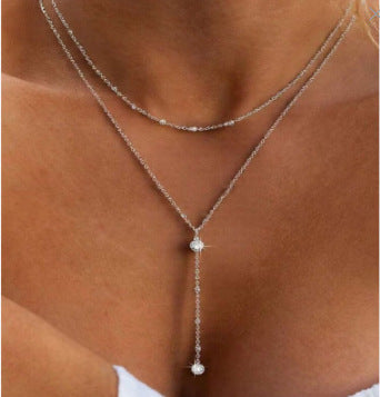 European And American Y Shaped Zircon Double Layer Necklace With A Niche Designer Inspired Look