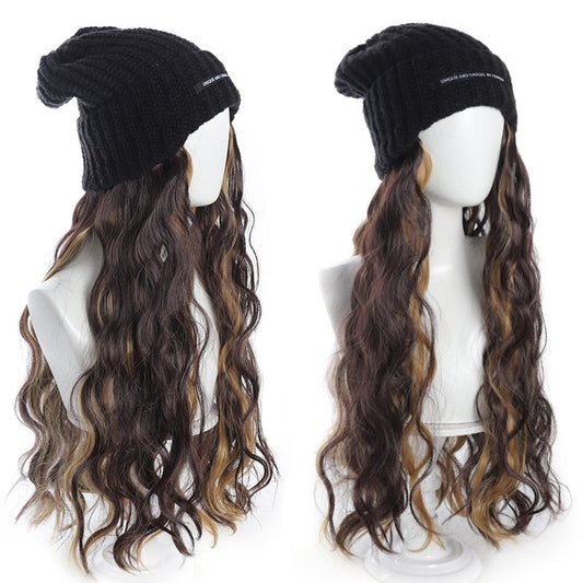 Hat Letter Knitted Hat Long One-piece Chemical Fiber Synthetic Highlight Wig