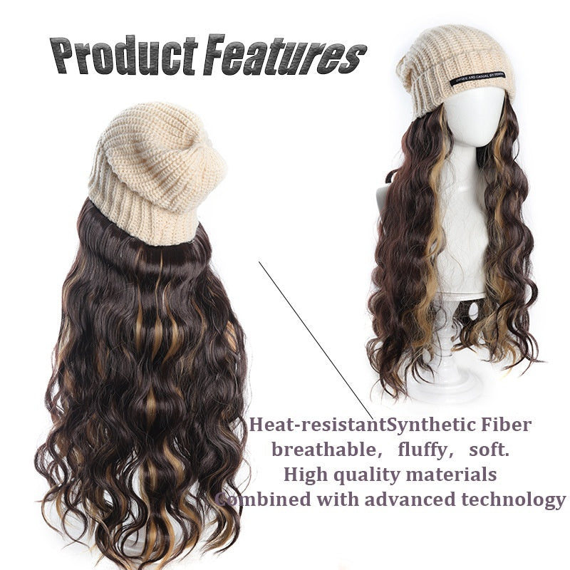 Hat Letter Knitted Hat Long One-piece Chemical Fiber Synthetic Highlight Wig